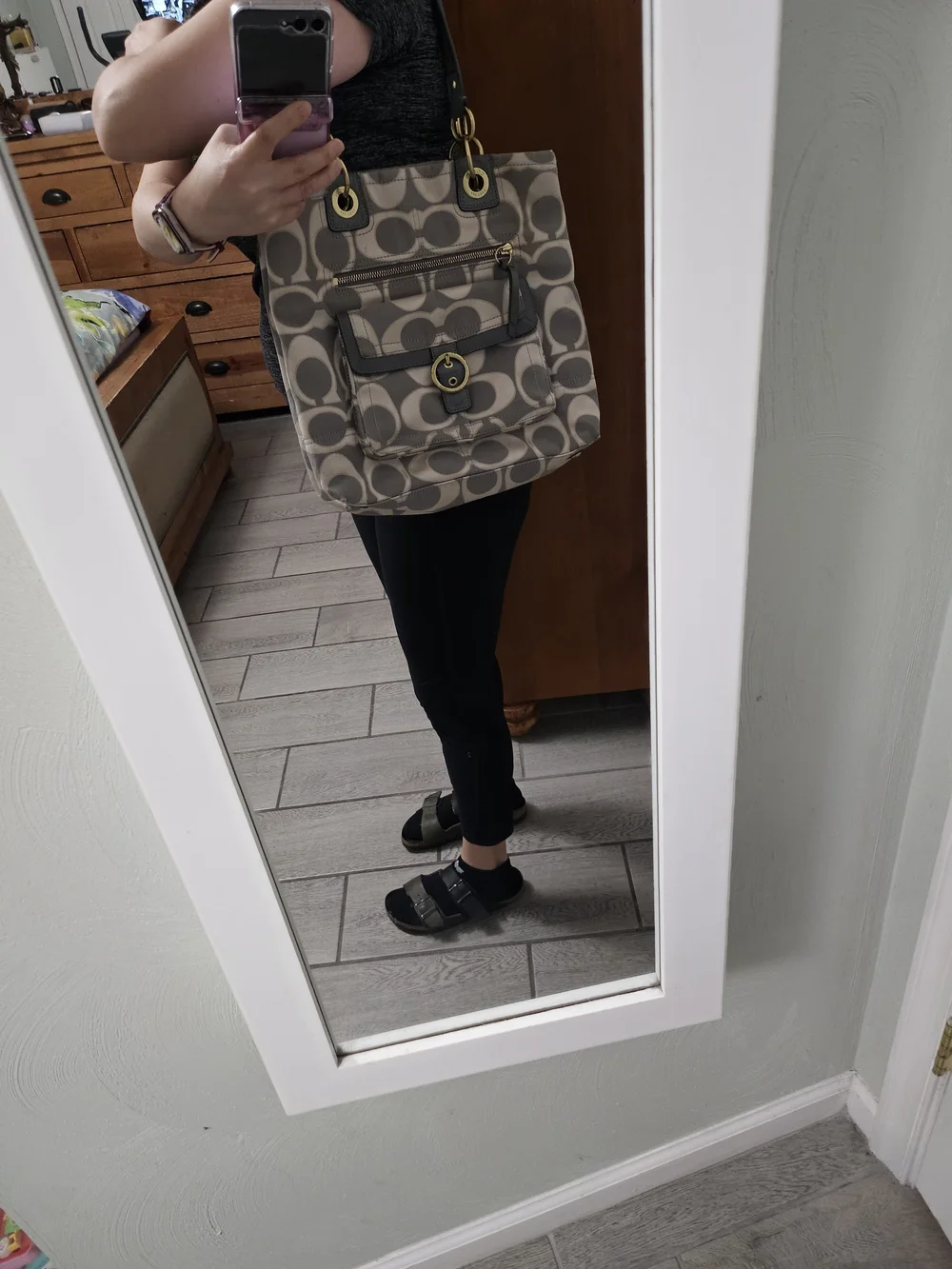Coach Beige & Gray Signature Tote with Gold Hardware